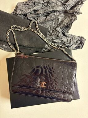 CHANEL Black Patent Quilted Camellia Chain Crossbody Bag